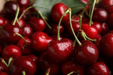 Ripe sweet cherries with water drops as background, closeup