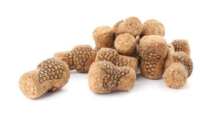 Heap of sparkling wine corks on white background
