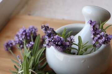 Mortar with fresh lavender flowers, rosemary and pestle on table, closeup. Space for text