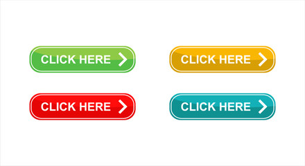 Click the arrow button here by clicking the icon. Click here vector web button. Web button with arrow pointer action. Click here, ui button concept. Vector illustration