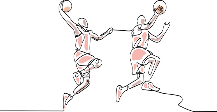Continuous One Line Art Vector: Basketball layup slam dunk, switching hand slam dunk, fake layup