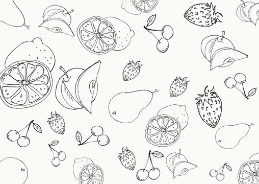 A painted fruit background of different fruits and berries.