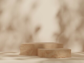 Abstract geometric composition with branch and shadow on the wall -3D render, Cosmetic display stand on brown background. 3D rendering