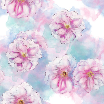 Seamless floral design with pink flowers for background, Endless pattern.Watercolor illustration.