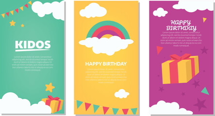 Fototapeta na wymiar social media kids birthday card template. set of card template for kids with clouds, gift box, flag and rainbow illustration