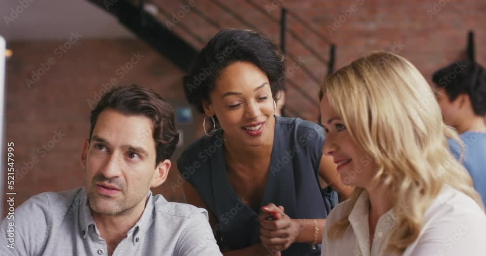 Aufkleber excited, diverse and happy colleagues talking about a project in a busy office or agency. team of jo