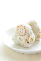 Japanese food, Chikurwa fish cake rice ball with copy space