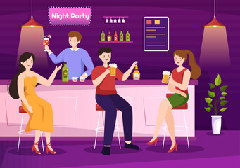 Night Club Cartoon Illustration with Nightlife like a Young People Drink Alcohol and Youth Dance Accompanied by Dj Music in Spotlight