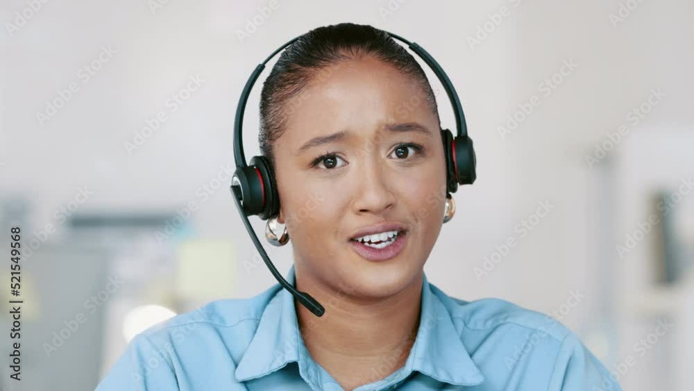 Poster call center agent answering and talking online, consulting via video call while sitting in an office