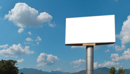 Blank billboard with empty screen over blue sky cloud background. For advertisement design or text. mockup template