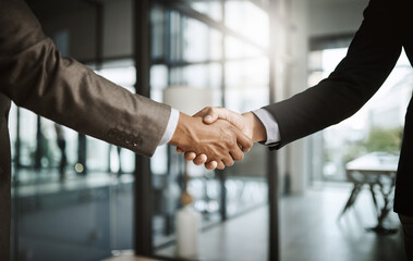 Professional corporate males giving handshake in modern office after agreeing on business deal...