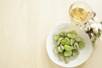 Boiled Japanese broad bean on plate for healthy snack food image
