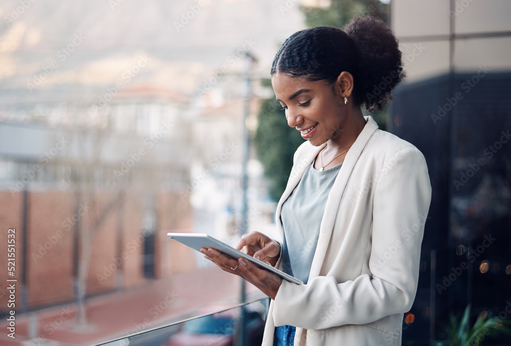 Aufkleber Modern business woman on a tablet during a work break alone outside. Smiling corporate worker looking at web and social media posts on a balcony. Female employee on a digital device with copyspace
