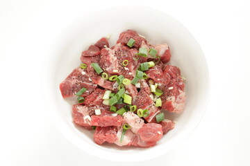 Korean cooking, marinated beef and spring onion for prepared ingredient