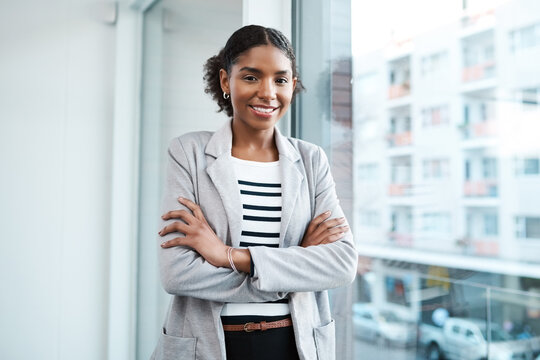 Confident Manager, Leader And Creative Boss With Her Arms Crossed In A Powerful, Assertive And Proud Stance. Portrait Of Smiling, Happy And Female Marketing Agent Ready For Success With Arms Folded