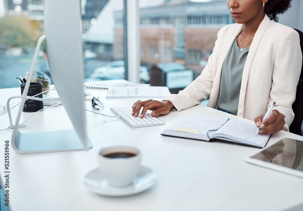 Poster Writing notes, typing on a computer and working at her desk with a corporate and professional business woman. Manager, boss or CEO scheduling appointments in her diary and planning for the future