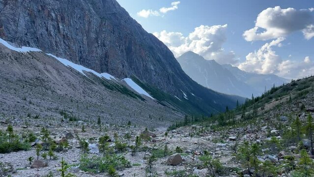 Stunning views of an empty hiking trail valley in Jasper National Park, Alberta, Canada. Mount Edith Cavell glacier area. 