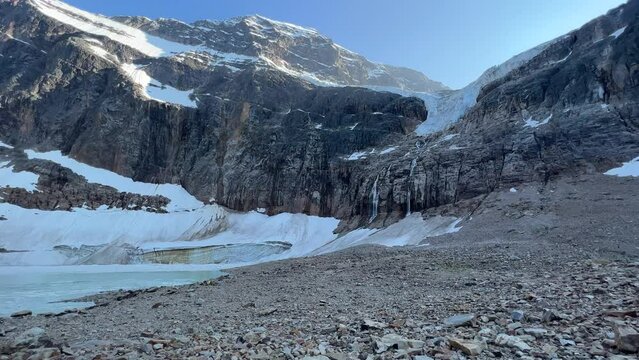 Mount Edith glacier slowly melting in Jasper, Alberta, Canada. Mount Edith Cavell is a mountain located in the Athabasca River valley. Popular hiking trail. 