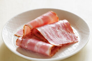 Pan fried bacon on dish for cooking ingredient 