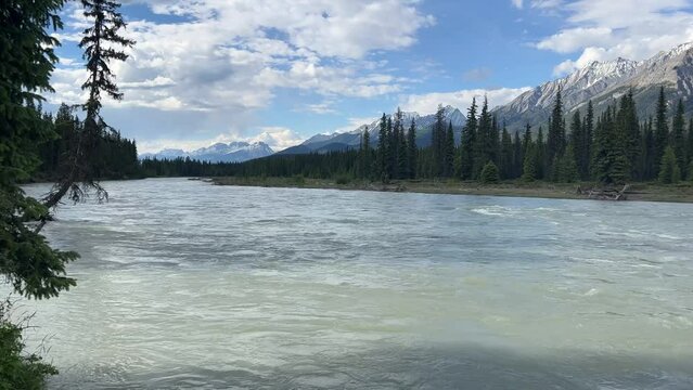 Strong current after the rain on a wide river in Canadian Rocky Mountains. Turquoise Kootenay River in British Columbia, Canada