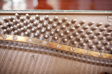 The inside of the piano is without a lid. Strings, hammers and other parts of a musical instrument...
