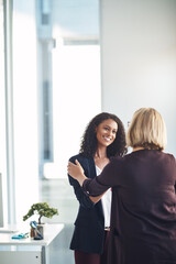 Partnership, teamwork and support with a handshake between two professional business women meeting...