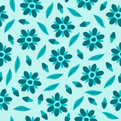 Seamless pattern flowers leaves floral in blue tosca. Perfect for print on fabric textile, clothes, dress, wrapping, book cover, packaging, wedding invitation.
