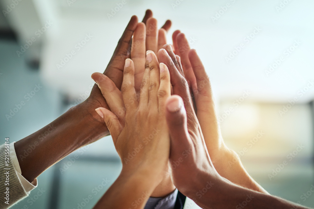 Aufkleber hands, huddle and high five while a group of diverse businesspeople celebrate and motivate each othe