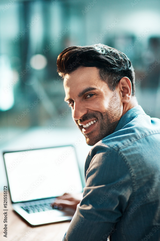 Poster creating entrepreneur browsing on laptop, searching and reading client or customer emails on office 
