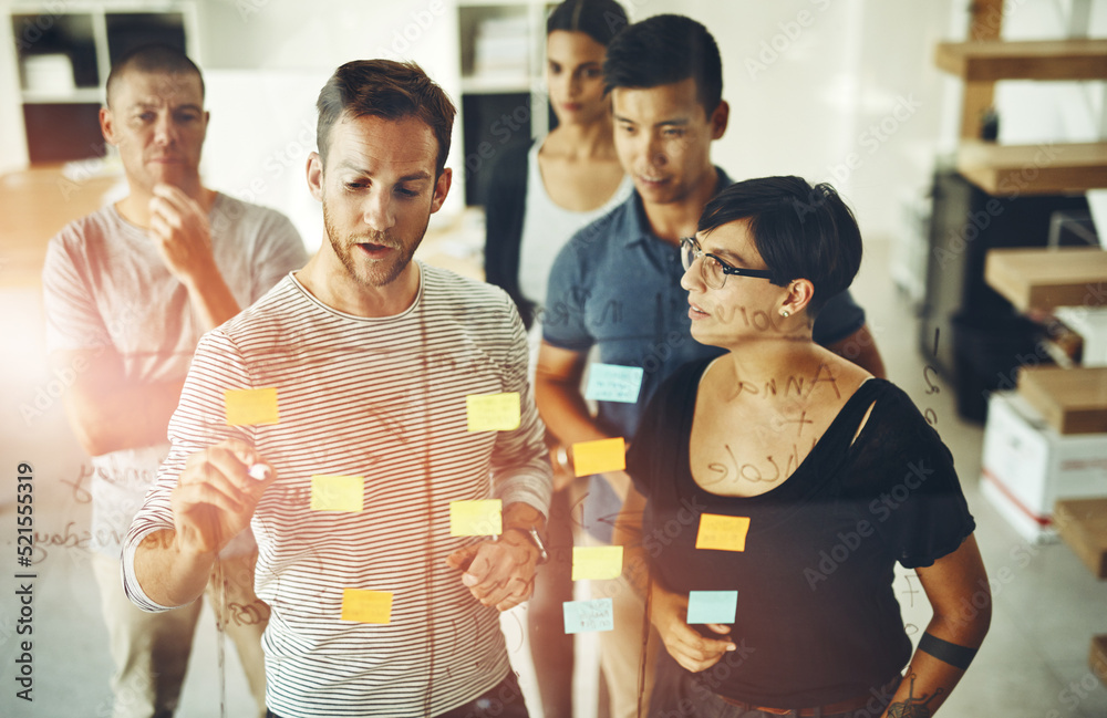 Poster Manager, leader or boss talking and planning in a presentation or workshop seminar with sticky notes in a boardroom. Business man discussing and brainstorming with colleagues and coworkers from above