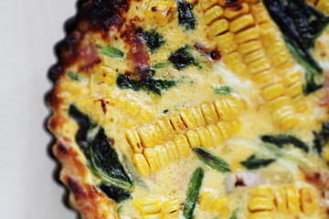 Homemade sweet corn and spinach quiche for summer food image