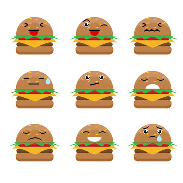 burger cartoon set with different expressions. vector illustration