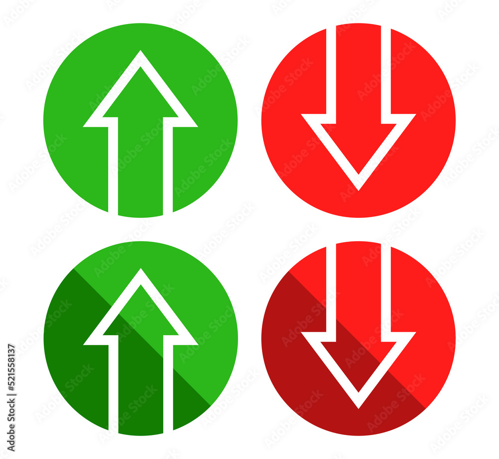 Poster red down green up arrow icon sign vector isolated on circle shape. cryptocurrency, stock and forex i