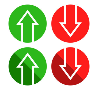 Red down green up arrow icon sign vector isolated on circle shape. Cryptocurrency, stock and forex investment trading analysis.	