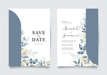 Beautiful wedding invitation with watercolor flowers and leaves