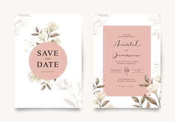 Double sided elegant wedding invitation template with watercolor floral