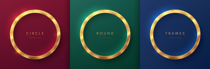 Set of golden 3D round frame on dark blue, red, green luxury background. Abstract circle podium for product display or copy space. Collection of geometric background. Top view elegant scene design. - obrazy, fototapety, plakaty