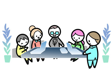 打ち合わせをするビジネスパーソン2.5頭身カラー、観葉植物あり