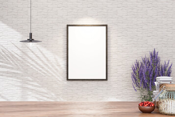 Empty room photo frame with tile wall, interior background image.