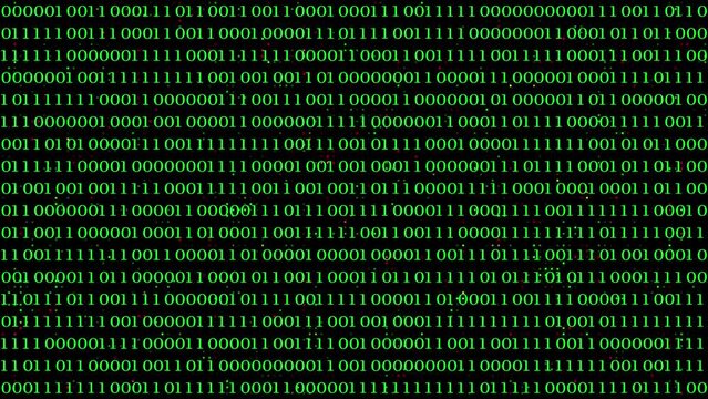 Looping animation of a close-up screen with green binary code data.