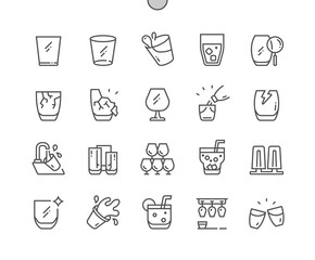 Drink glassware type. Cocktail, beverage. Broken glass. Bar and cheers. Pixel Perfect Vector Thin Line Icons. Simple Minimal Pictogram - obrazy, fototapety, plakaty