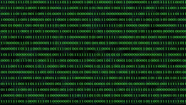 Looping animation of a close-up screen with green binary code data.