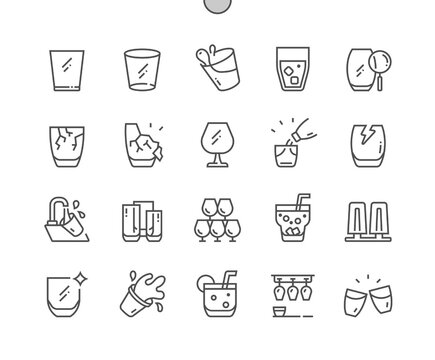 Drink glassware type. Cocktail, beverage. Broken glass. Bar and cheers. Pixel Perfect Vector Thin Line Icons. Simple Minimal Pictogram