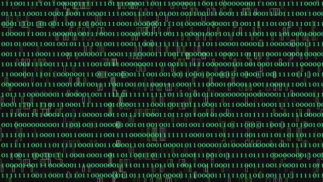Looping animation of a close-up screen with green binary code data.