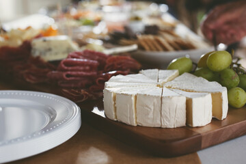 A view of a grazing table, featuring salami and brie.