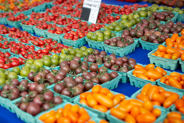 A view of a table full of a variety of cherry tomatoes, on display at a local farmers market.