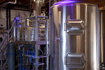 A view of the machinery in making beer, seen at a local microbrewery.