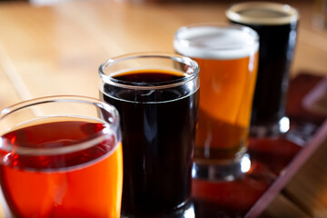 A closeup view of a flight of beer.