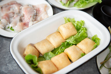 A view of a plate of fried tofu squares.