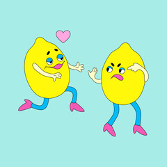 Funny emotional Lemon characters are talking. Kawaii fruit cartoon characters. Vector.